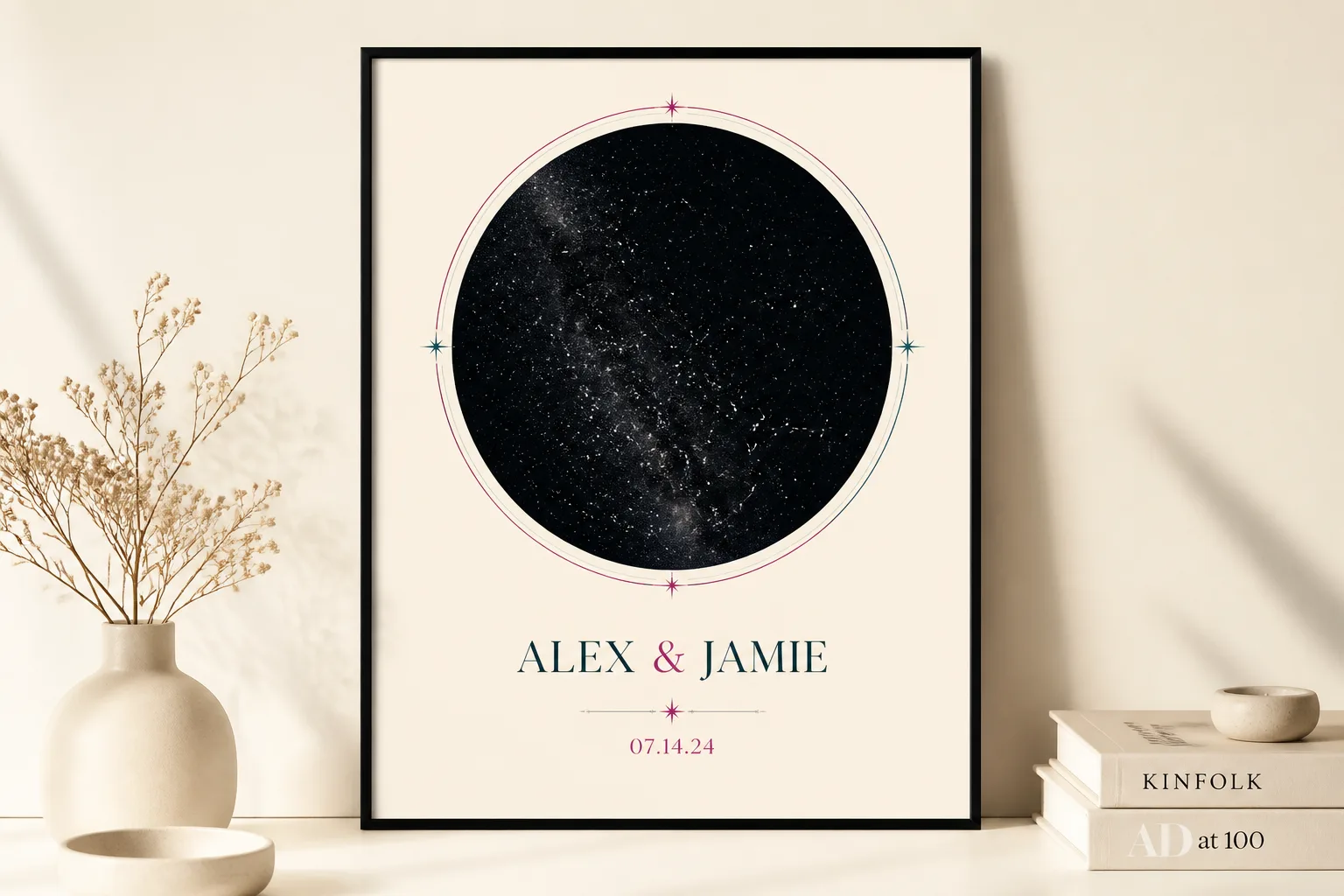 A personalized star-map print with a couple's names and date