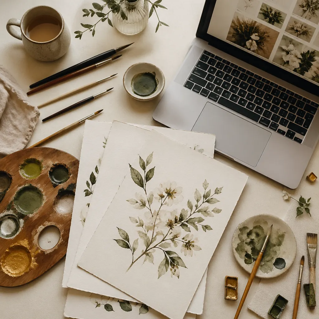 Studio desk with prints